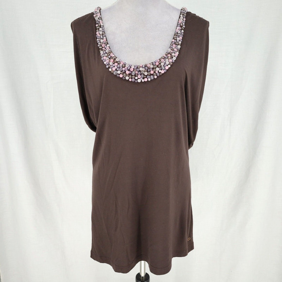 Escada Sport Top Womens Large Brown Blouse Pink Beads Neckline Stretch Knit - Picture 14 of 14
